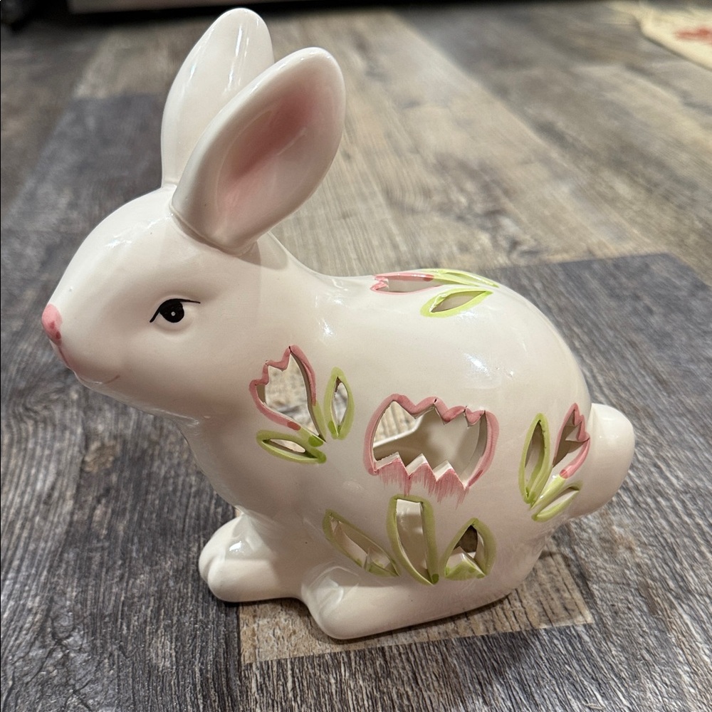 Tii Collections White and Pink Ceramic Bunny Tea Light Holder Decor
